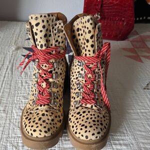 Dolce Vita Leopard Print Ankle Boots with Red Laces